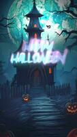 A spooky animation of a haunted house on Halloween night with the text 'Happy Halloween'. A pumpkin wreath is revealed at the end with the text 'Trick Or Treat'. In a social media Vertical Resolution video