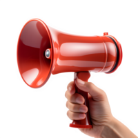 AI generated hand holding red megaphone isolated on transparent background ,generative ai png