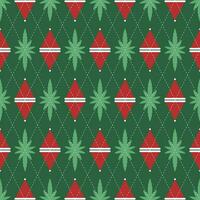 Abstract background seamless red and green diamond shape. Argyle style fabric pattern christmas hat and marijuana leaves. Texture design for textiles, clothes, posters, walls. Vector illustration.