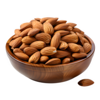 AI generated almonds in a wooden bowl isolated on transparent background ,generative ai png