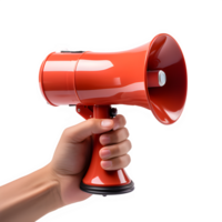 AI generated hand holding red megaphone isolated on transparent background ,generative ai png