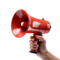 AI generated hand holding red megaphone isolated on transparent background ,generative ai png