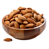 AI generated almonds in a wooden bowl isolated on transparent background ,generative ai png