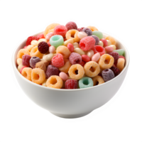 AI generated colorful round cereal in a white bowl isolated on transparent background ,generative ai png