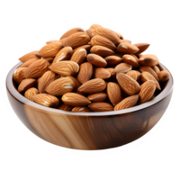 AI generated almonds in a wooden bowl isolated on transparent background ,generative ai png