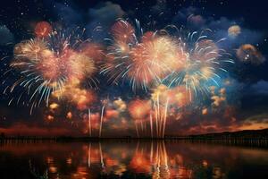 AI generated Spectacular fireworks display over beautiful river, fireworks over night river sky, holiday background, bright colorful lights Ai generated photo