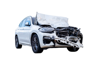 Full body front and side view of white car get damaged by accident on the road. damaged cars after collision. Isolated on transparent background with clipping path, car crash broken, PNG File