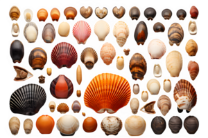 AI generated collection of seashells isolated on transparent background ,top view ,generative ai png