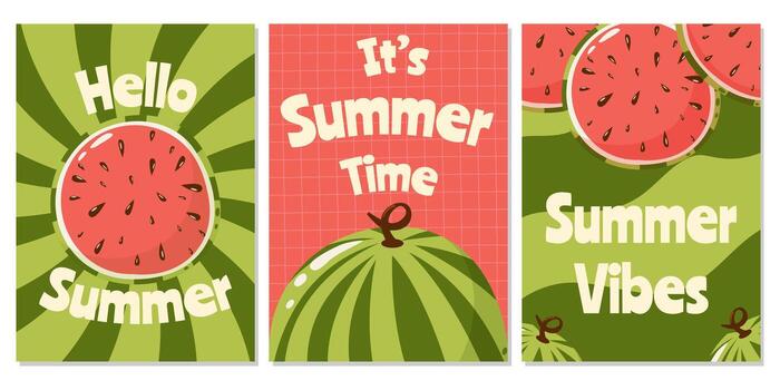 Set of retro abstract posters with watermelon. Summer trendy vector illustration with season text. For banner, card, flyer, web design, a4 format.
