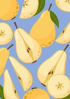 Pear background with whole and slices fruits. Summer vitamin vector illustration for banner, poster, flyer, card. a4 format