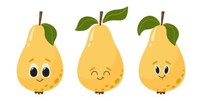 Pear fruit characters with face. Summer set vitamin vector illustration isolated on white. Cartoon flat style