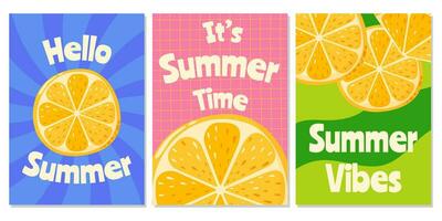 Set of retro abstract posters with lemon fruit. Summer trendy vector illustration with season text. For banner, card, flyer, web design, a4 format.