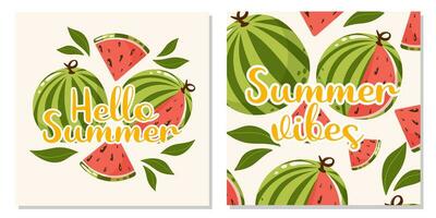 Set of fruit cards with text hello summer and summer vibes. Watermelon composition and background with leaves. Vector square illustration for banner, poster, flyer, social media