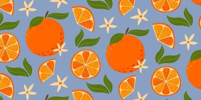 Oranges and flowers background . Summer fruit vector illustration in cartoon flat style on isolated background. For paper, cover, fabric, gift wrapping