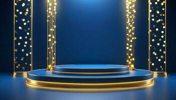 AI generated Empty podium golden on blue background with light neon effects with bokeh decorations. Luxury scene design concept. Vector illustrations. photo