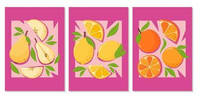 Set of bright abstract posters with fruit composition. Pear, lemon, orange. Summer modern vector illustration for banner, card, fruit shop, web design