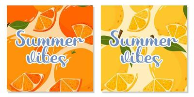 Set of fruit cards with text summer vibes. Lemon and orange background. Summer vector square illustration for banner, poster, flyer, social media