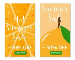 Hot summer sale flyer with lemon background. Set of vector cards with fruits and discount. For banner, poster, flyer, social media, stories. Cartoon flat style.