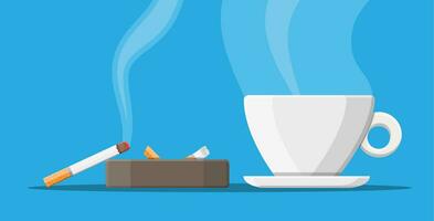 Coffee cup and ashtray full of smokes cigarettes. Unhealthy lifestyle. Breakfast and morning. Vector illustration in flat style