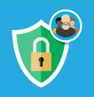 Shield icon with lock and user silhouette symbol. Privacy security concept. Personal data protection sign. Secure login authentication confidentiality. Vector illustration in flat style