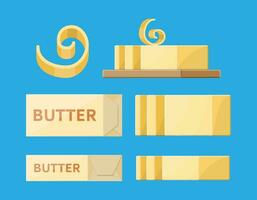 Milk butter spread in package. Creamy butter or margarine in curl, bar, slice, on wooden board. Dairy milk product. Organic healthy product. Vector illustration in flat style