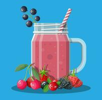 Jar with mixed berries smoothie with striped straw. Drink fresh shake juice cocktail. Blueberry, cherry, strawberry, currant beverages in glass. Vector illustration in flat style