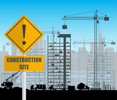 Construction site with buildings and cranes. skyscraper under construction. fence. vector illustration silhouette and blue sky