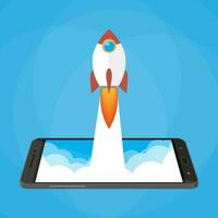 Rocket launched from the phone. start up idea. mobile development and technology. vector illustration in flat style on blue background