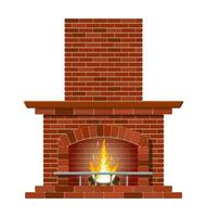 Winter interior bonfire. Classic fireplace made of red bricks, bright burning flame and smoldering logs inside. Home fireplace for comfort and relaxation. Vector illustration in flat style