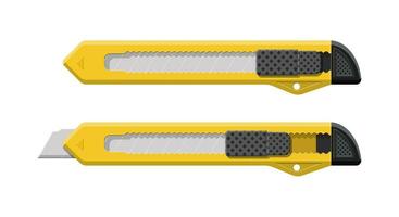 Yellow box cutter instrument isolated on white. Snap-off blade, stationery office supply knife. Boxcutter tool. Vector illustration in flat style