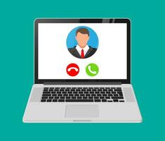 Incoming video call on laptop. Photo of man, decline and accept buttons on notebook screen. Online meeting, videocall, webinar or training. Vector illustration in flat style