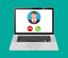 Incoming video call on laptop. Photo of man, decline and accept buttons on notebook screen. Online meeting, videocall, webinar or training. Vector illustration in flat style