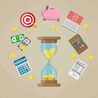 Time is Money concept. Hourglass with coins, calendar, piggy bank, calculator, money. vector illustration in flat style