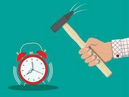 Hand with hammer trying to break alarm clock. Time management issues. Vector illustration in flat style