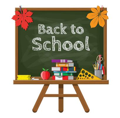 Green chalkboard with wooden frame blackboard. Sponge and chalk ruler pen pencil scissors books apple ruler. Lesson in school classroom. College or university education. Vector illustration flat style