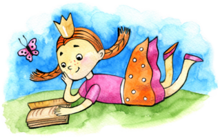 vattenfärg illustration. Lycklig söt liten unge flicka prinsessa läsning studie lära sig. karaktär berättelse bok skola png