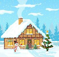 Suburban house covered snow. Building in holiday ornament. Christmas landscape tree spruce, snowman. Happy new year decoration. Merry christmas holiday. New year xmas celebration. Vector illustration