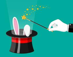 Magic hat with easter bunny ears and wizard wand. Illusionist hat with rabbit and stick. Circus, magical show, comedy. Vector illustration in flat style