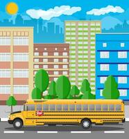 Yellow long classic school bus in city. Kids riding schoolbus transportation. Cityscape, road, buildings, tree, sky and sun. Vector illustration in flat style