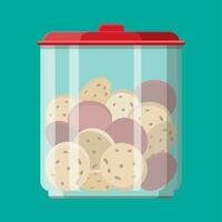 Glass jar with choclate cookies inside. Crockery for sweets. Vector illustration in flat style