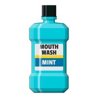 Mouthwash plastic bottle. Mint liquid for rinsing mouth. Oralcare equipment. Vector illustration in flat style