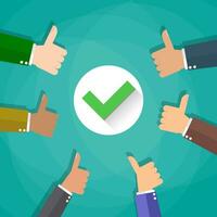 Six cartoon Businessmans hands hold thumbs up. positive checkmark in center. vector illustration in flat design on green background.