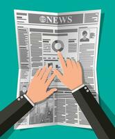 Daily newspaper in hands. News journal design. Pages with various headlines, images, quotes, text and articles. Media, journalism and press. Vector illustration in flat style.