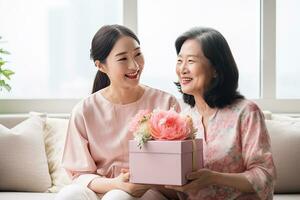 AI generated beautiful young women give gifts to mothers. photo
