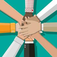 People showing unity with their hands together. Crossed hands. Multiethnic group and human diversity. Business, team work, cooperation and partnership. Vector illustration in flat style