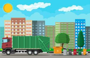 Truck for assembling, transportation garbage. Car waste disposal. Can container, bag and bucket for garbage. Recycling and utilization equipment. Urban cityscape. Vector illustration in flat style