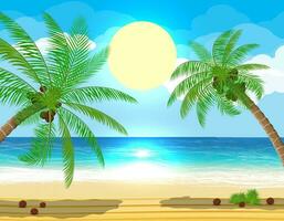 Landscape of palm tree on beach. Sun with reflection in water and clouds. Day in tropical place. Vector illustration in flat style