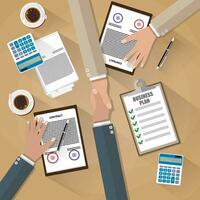 two businessman shake hands after the signed contract . top view of Desk with coffee, calculator, contract papers. vector illustration in flat design