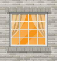 Building facade. Wooden classic window in brick wall. Architecture, building and construction. Vector illustration in flat style