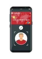 teléfono inteligente con pago aplicación utilizando cara reconocimiento y identificación. biométrico identificación cara identificación. inalámbrico sin contacto o sin efectivo pagos, rfid NFC. vector ilustracion plano estilo